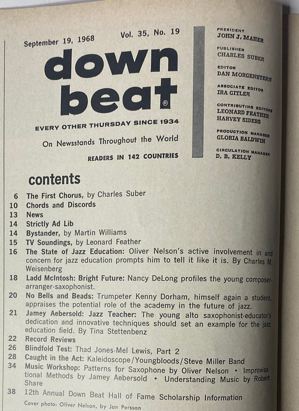 Cover of Down Beat Magazine, September 19, 1968, Vol. 35 No. 19 featuring Oliver Nelson, includes table of contents highlighting jazz education and notable artists.