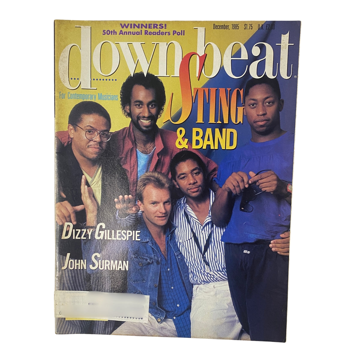 Cover of Down Beat Magazine, December 1985, featuring Dizzy Gillespie, John Surman, and Sting & Band. The magazine highlights a profile of Dizzy Gillespie and covers the 50th Annual Readers Poll.