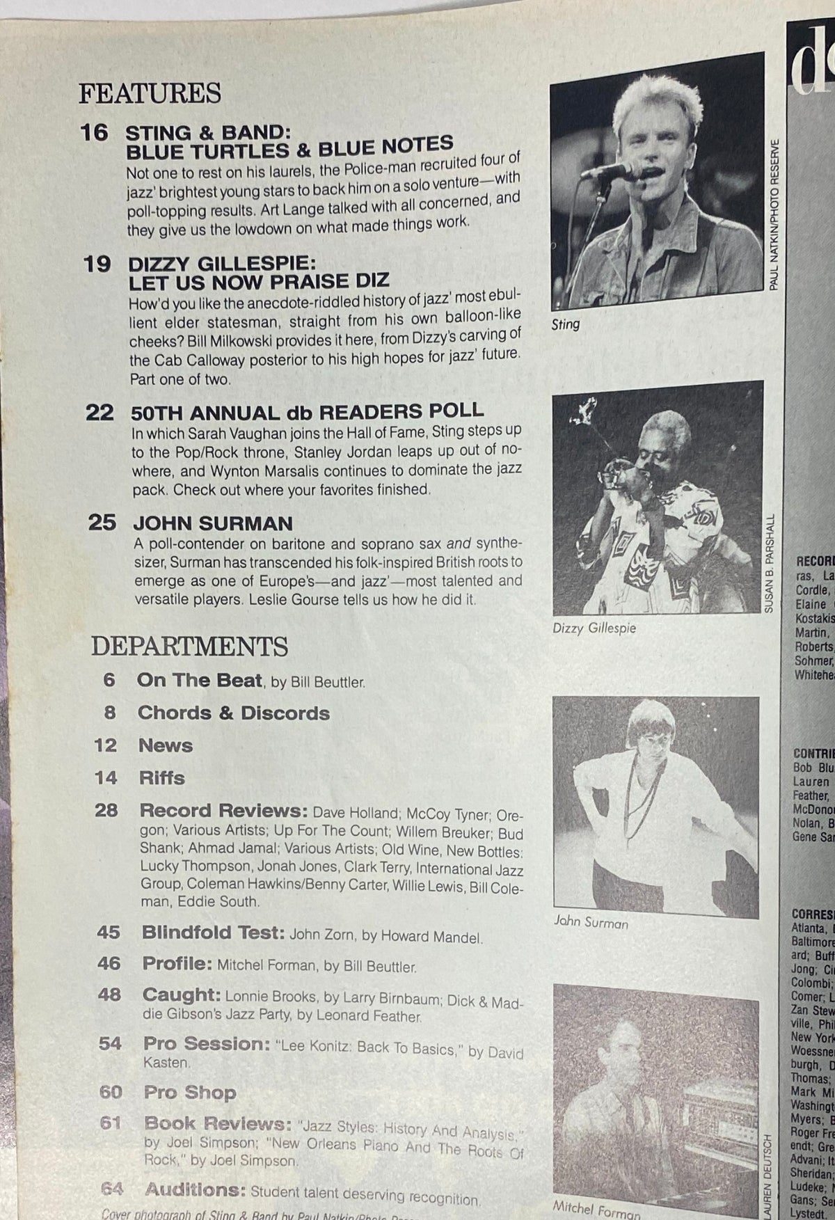 Down Beat Magazine December 1985 featuring profiles on Dizzy Gillespie, John Surman, and Sting. Highlights include articles on jazz history and the 50th Annual Down Beat Readers Poll. Vintage music magazine showcasing important jazz figures and their influence.