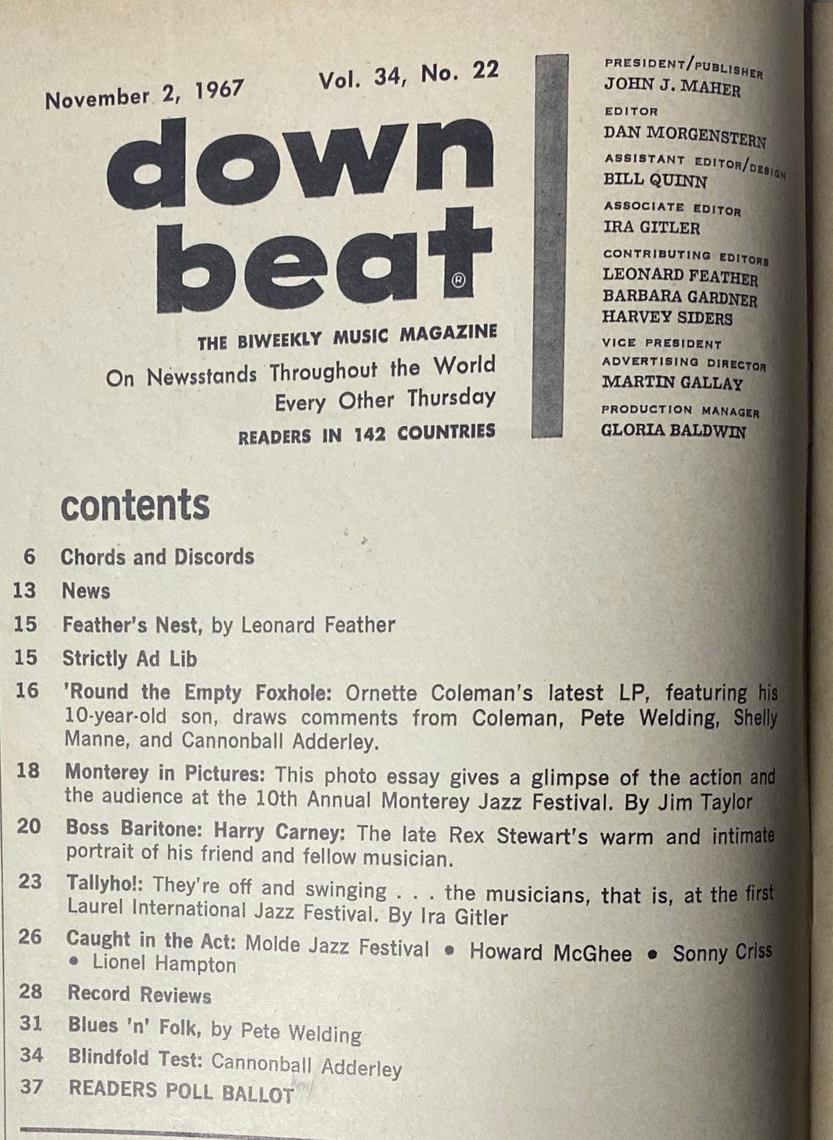 Table of Contents from Down Beat Magazine, November 2, 1967, Volume 34, No. 22, showcasing articles including 'Boss Baritone: Harry Carney' by Rex Stewart and features on the Laurel Jazz Festival and Cannonball Adderley's Blindfold Test.