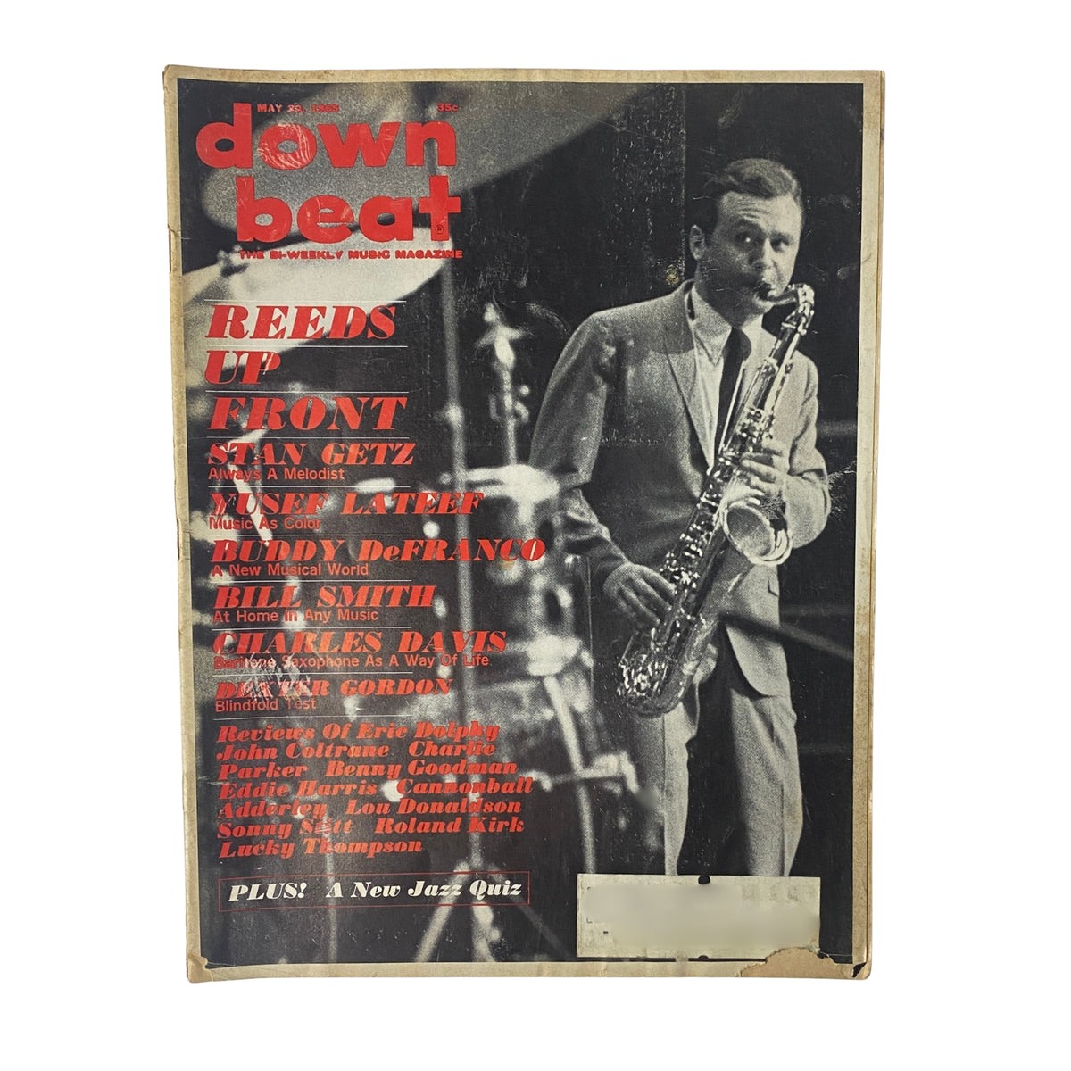 Cover image of Down Beat Magazine, May 20, 1965, Vol 32 No. 11 featuring Yusef Lateef and Buddy DeFranco with headlines about articles on Stan Getz, Bill Smith, Charles Davis and more.