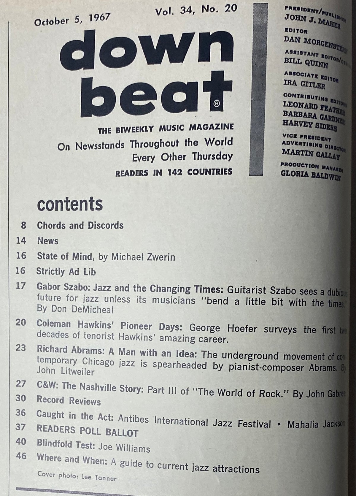 Contents page of Down Beat Magazine, October 5, 1967, Vol 34 No. 20 outlining features on Coleman Hawkins, Gabor Szabo, and Joe Williams, including articles and a blindfold test.