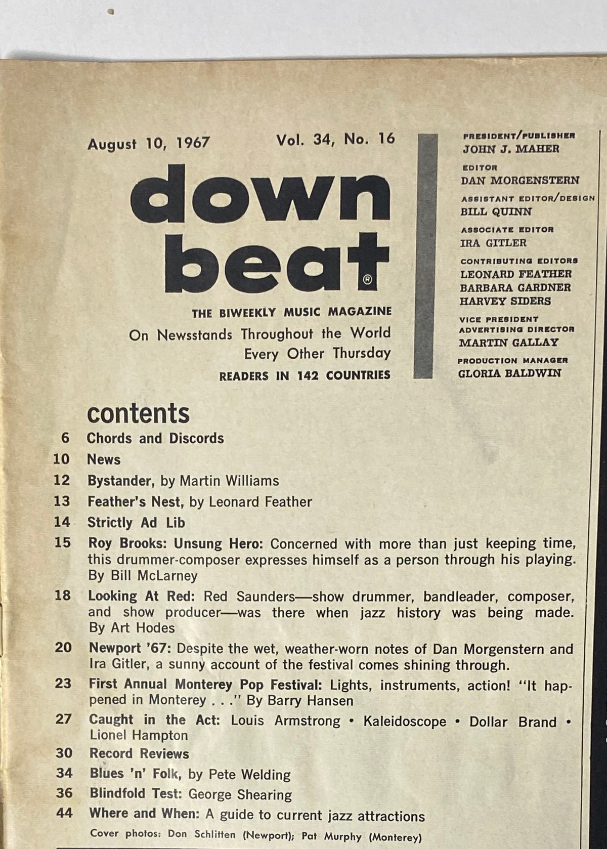 Table of contents from Down Beat Magazine August 10, 1967 Vol 34 No 16, listing articles including features on Roy Brooks and Red Saunders.