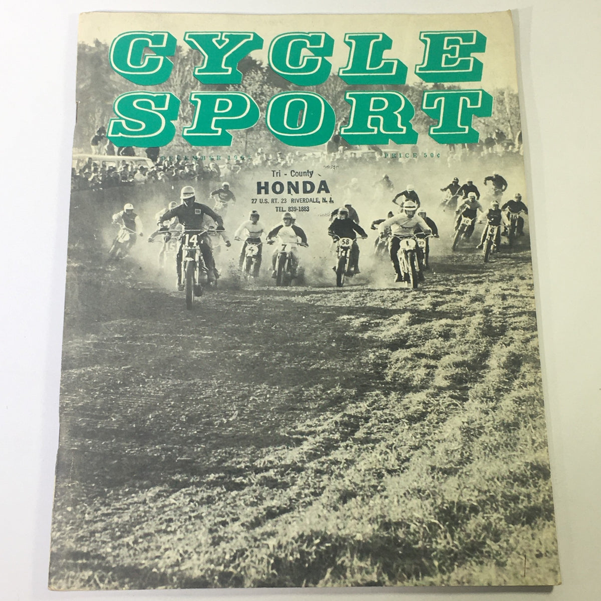 Cover of Cycle Sport Magazine from December 1967 featuring the Tri-County Honda Motorcycle Race, showcasing motorcycles racing in a vintage black and white photograph.