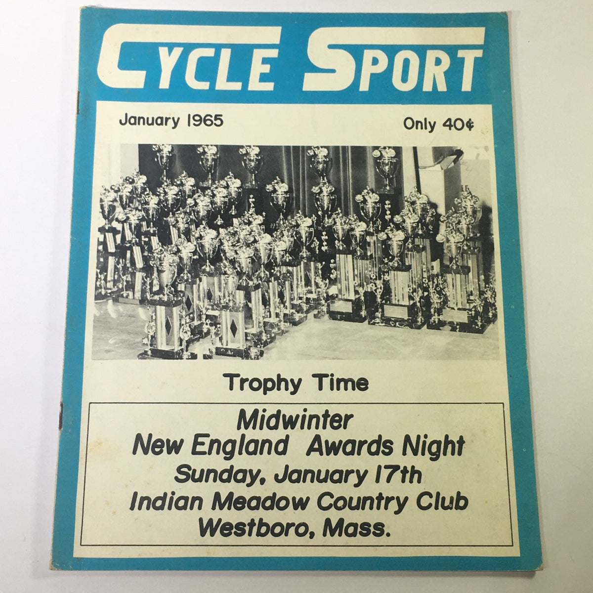 Cycle Sport Magazine January 1965 cover featuring the title 'Trophy Time' with an image of multiple trophies displayed, celebrating the New England Awards Night at Indian Meadow Country Club.