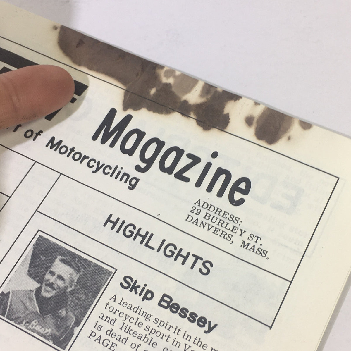 Inside of the Vintage Cycle Sport Magazine October 1964 showing highlights section, with text indicating the magazine's address and notable figure Skip Bessey, along with signs of aging.