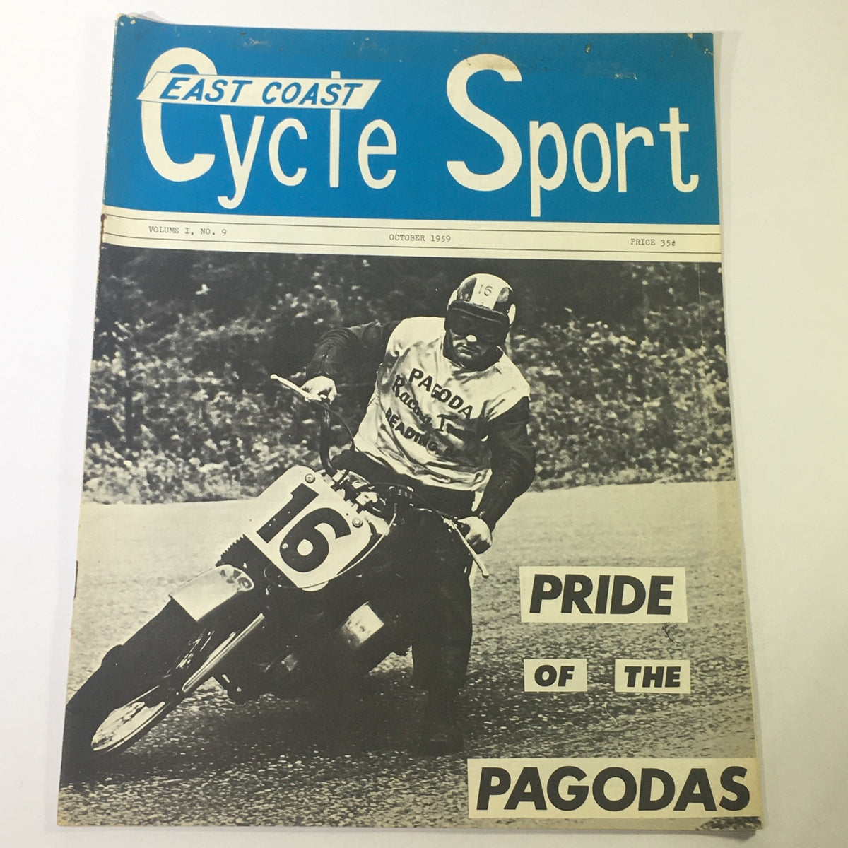 October 1959 edition of East Coast Cycle Sport, featuring a dynamic black and white cover image of a racer on a motorcycle, showcasing the title 'Pride of the Pagodas'.