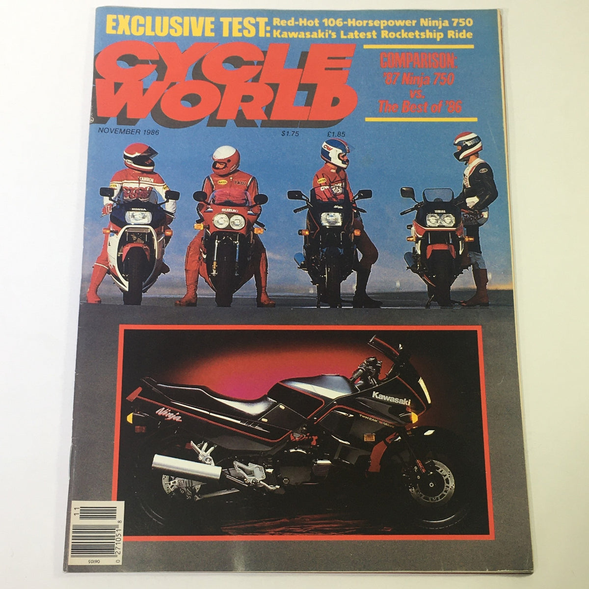 Cover of VTG Cycle World Magazine November 1986 featuring a comparison of the 1987 Ninja 750 vs The Best of 1986, showcasing iconic motorcycles and riders.