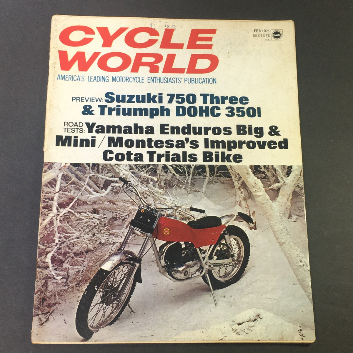 Cover of Cycle World Magazine February 1971 featuring Suzuki 750 Three and Triumph DOHC 350, showcasing motorcycle innovations of the era.