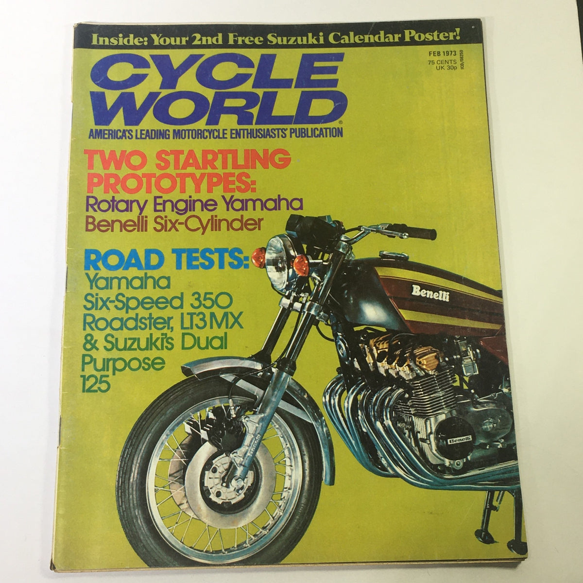 VTG Cycle World Magazine February 1973 featuring a vintage Benelli motorcycle on the cover, highlighting articles on Yamaha Six-Speed 350 Roadster road tests and innovative motorcycle designs from the early 1970s.