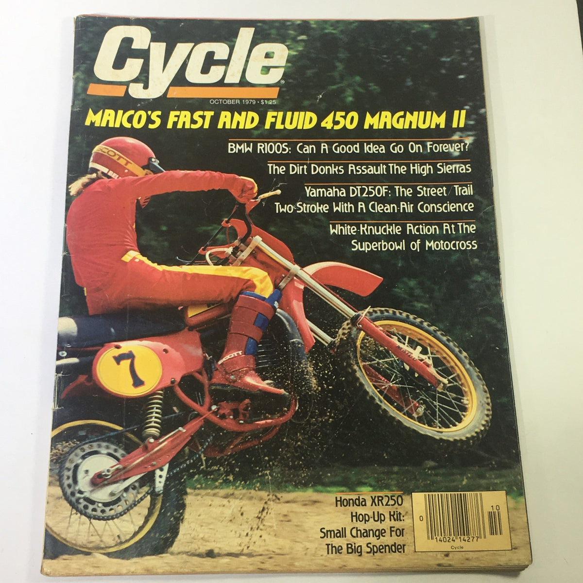Cover of VTG Cycle Magazine October 1979 featuring Maico 450 Magnum II, BMW R100S, and Yamaha DT250F, showcasing off-road motorcycle action with a rider in vibrant gear.