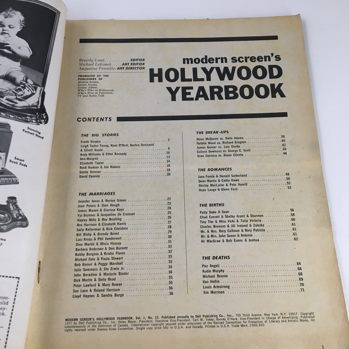 Interior page of Modern Screen's Hollywood Yearbook 1972 displaying the contents list, featuring prominent sections such as The Big Stories, The Marriages, The Break-Ups, The Romances, The Births, and The Deaths in vintage magazine layout.