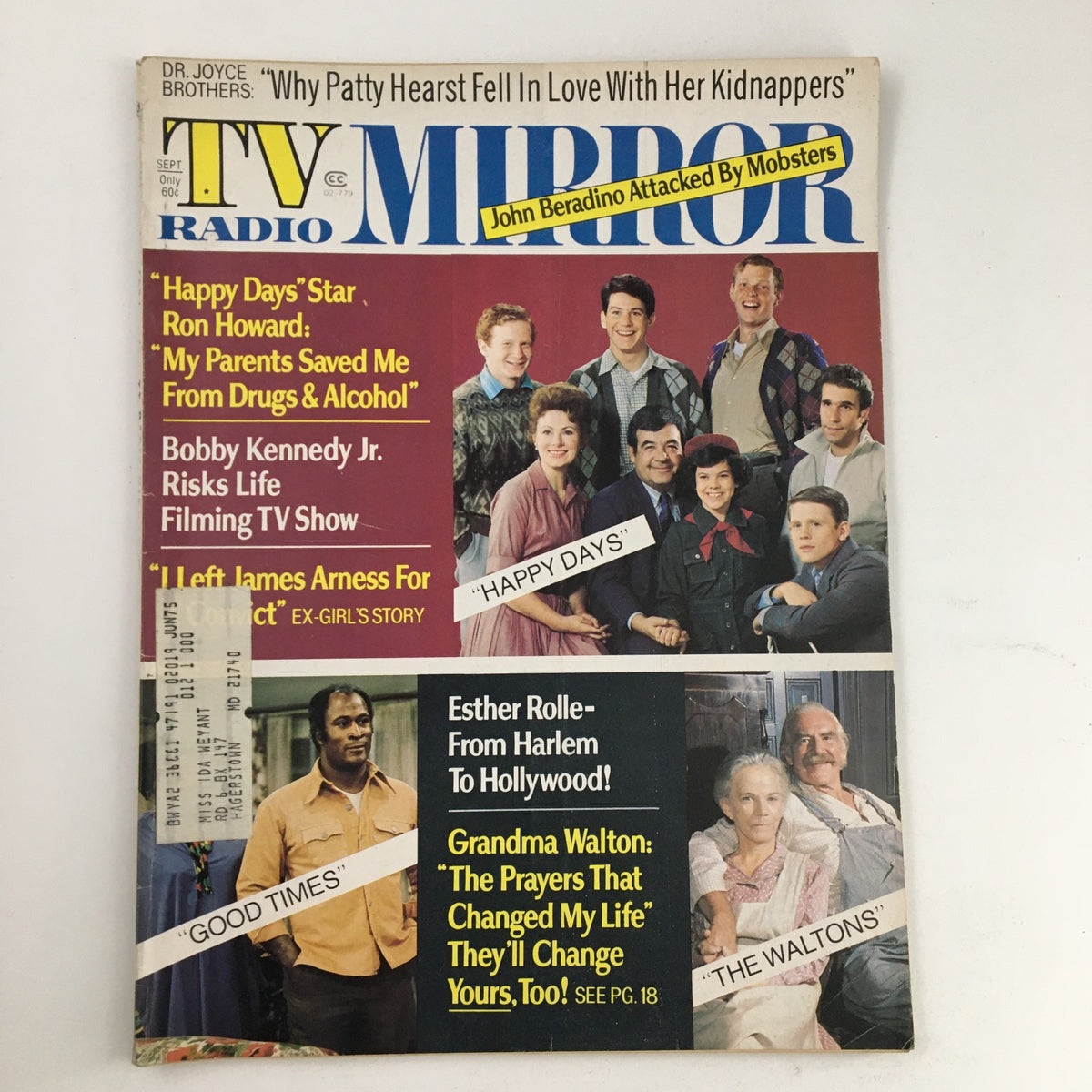 Cover of TV Radio Mirror Magazine September 1974 featuring Ron Howard, John Beradino, and O.J. Simpson, showcasing popular shows like Happy Days and Good Times.