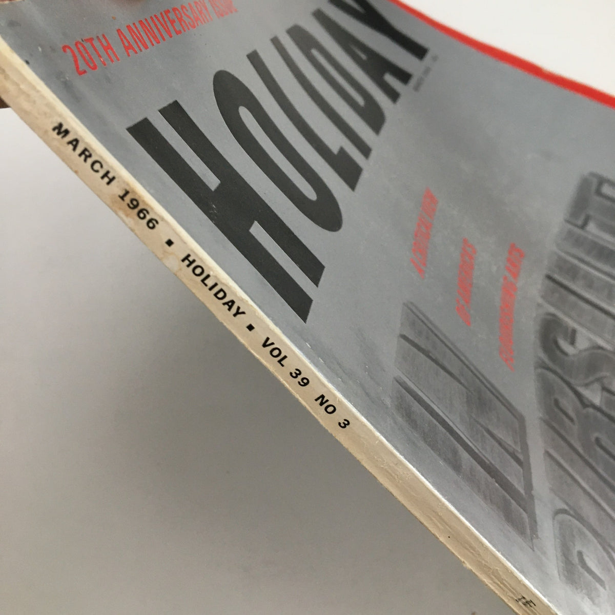 Side view of Holiday Magazine March 1966 showing details including the volume, issue number, and publication date.