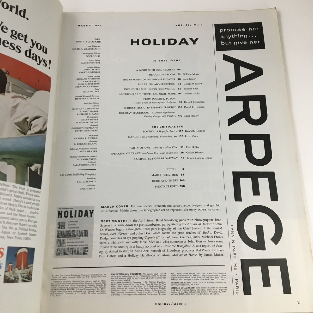 Interior page of Holiday Magazine March 1966 displaying the table of contents with featured articles including 'The Tragedy of American Theater' by John Simon.