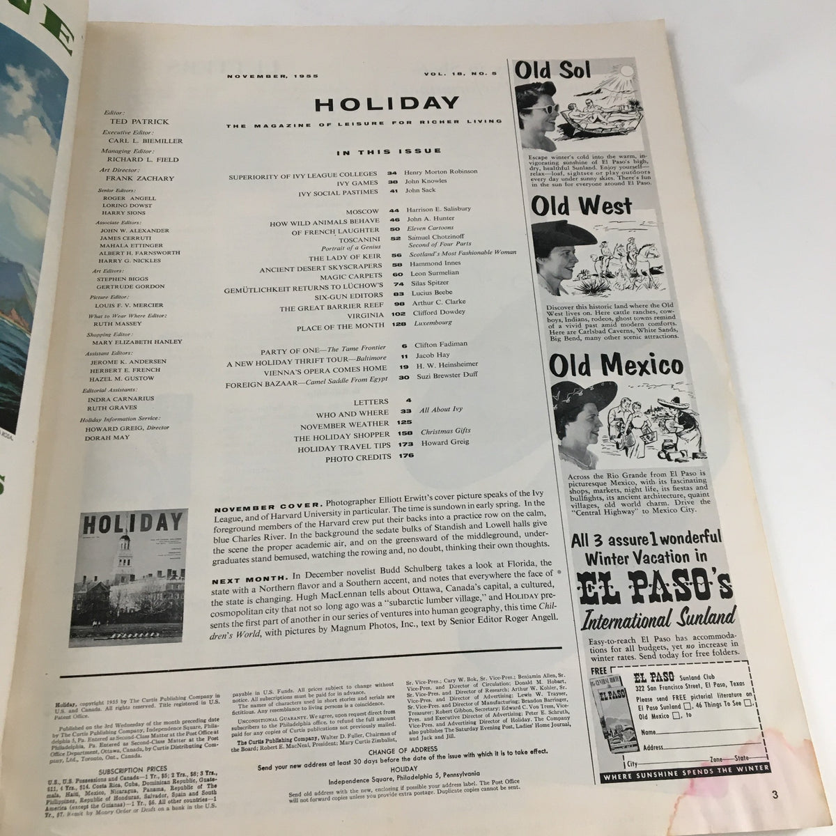 Inside page of Holiday Magazine November 1955 listing contents with featured articles including 'Superiority of Ivy League Colleges'.