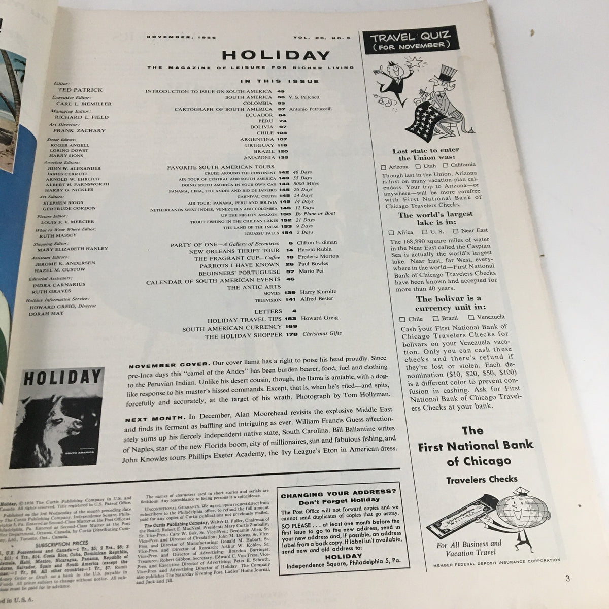 Table of contents page from the Holiday Magazine November 1956, highlighting articles and features focused on South America, with a travel quiz for readers.