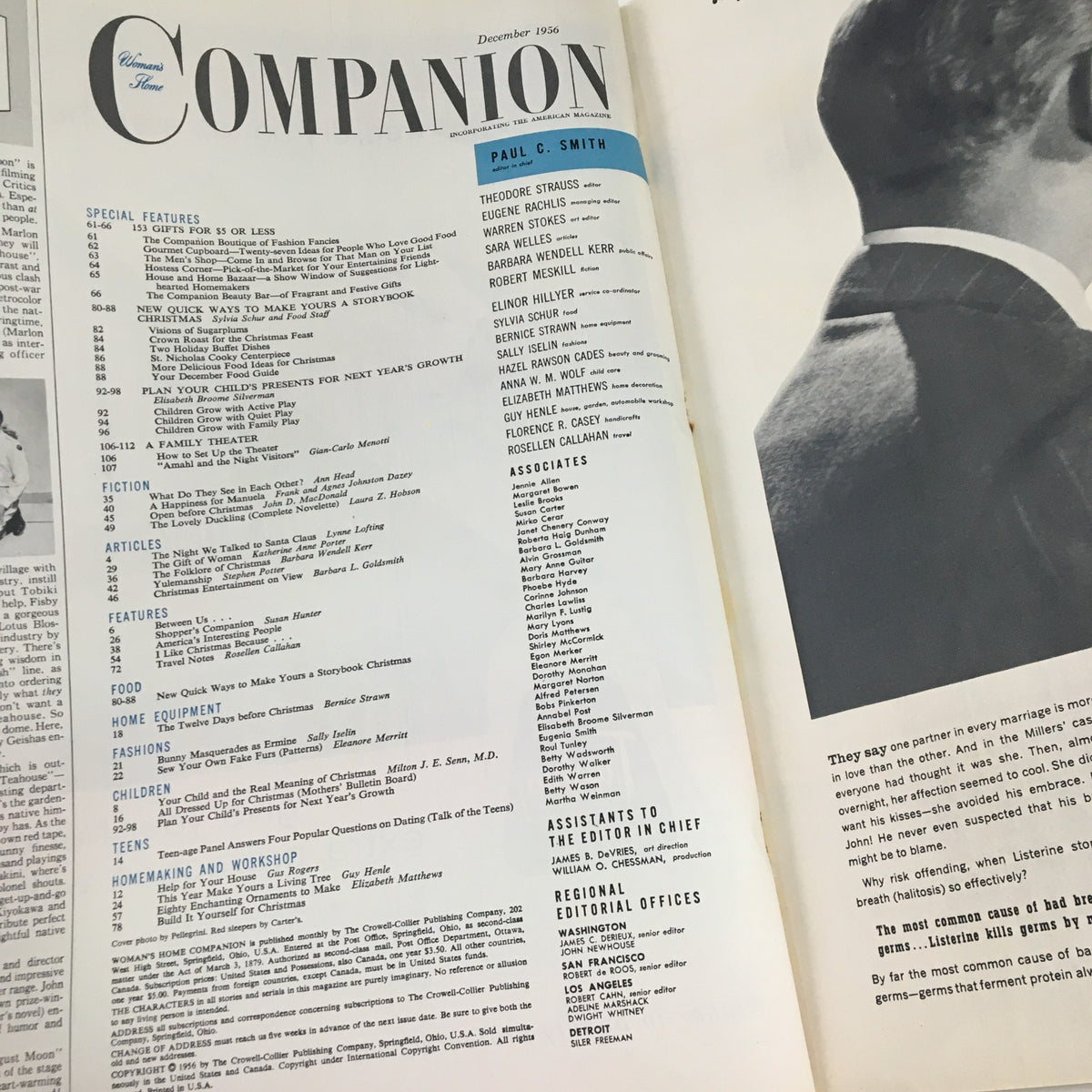 Interior page of Woman's Home Companion Magazine December 1956 displaying the table of contents and articles, highlighting the magazine's features and contributions from various writers.