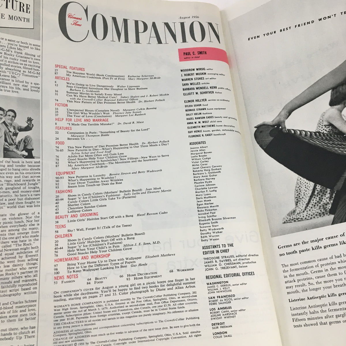 Inside page of Woman's Home Companion Magazine August 1956 displaying the table of contents, featuring articles on health, beauty, and family tips.