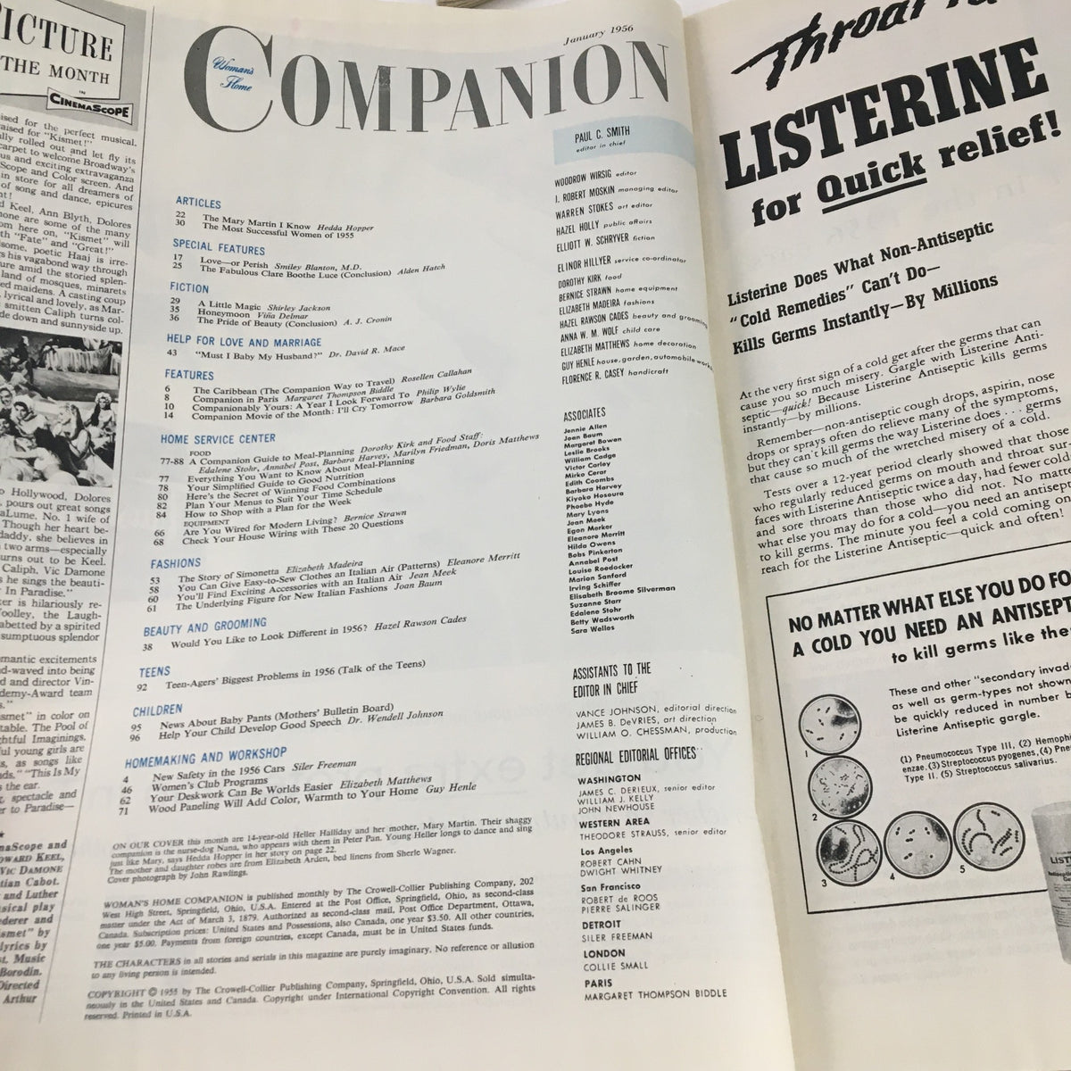Inside page featuring articles and advertisements from the January 1956 Woman's Home Companion Magazine, highlighting content by Mary Martin and Heller Halliday.