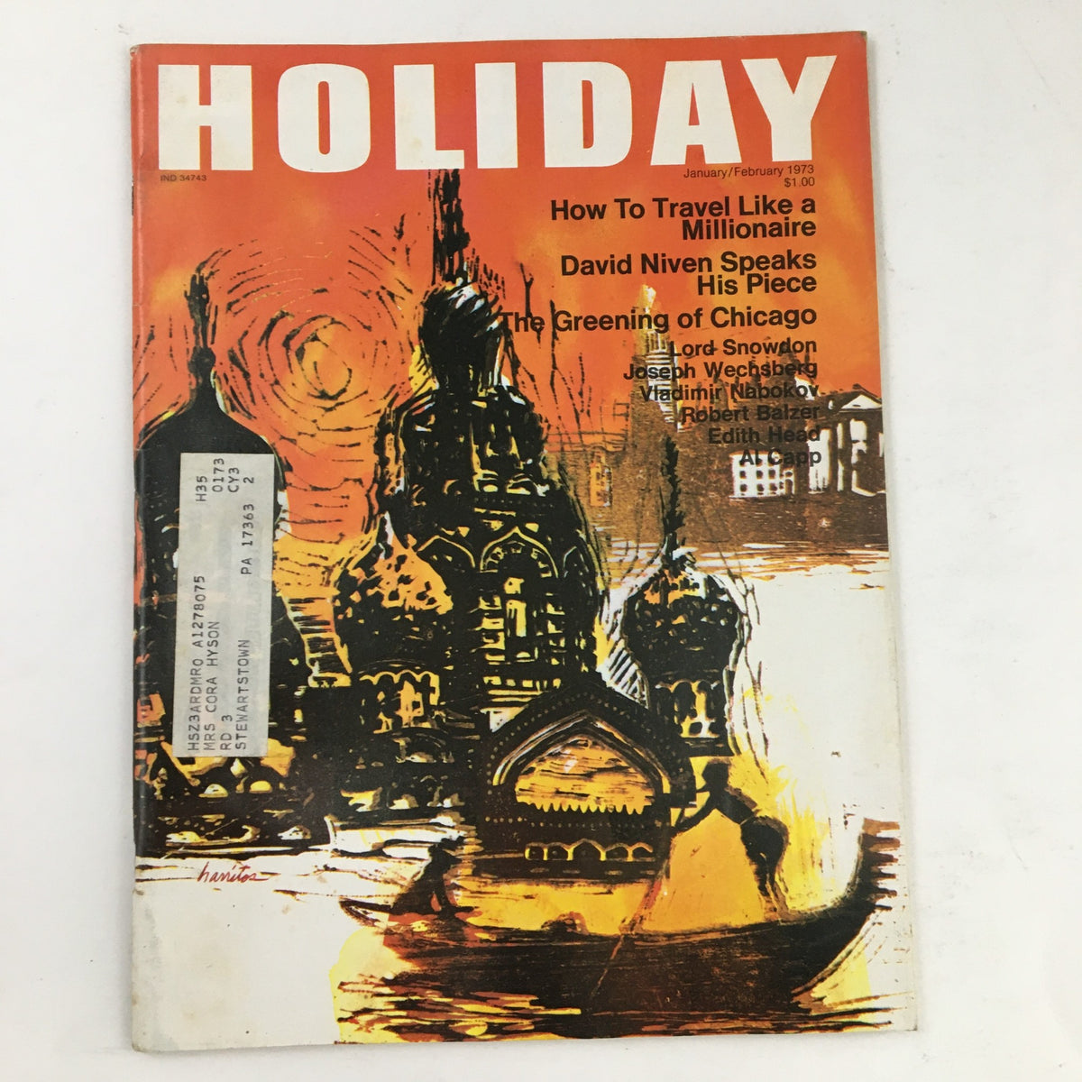 Cover of Holiday Magazine January 1973 featuring David Niven's article 'David Niven Speaks His Piece' and 'The Greening of Chicago', showcasing a striking orange and black design with historical imagery.