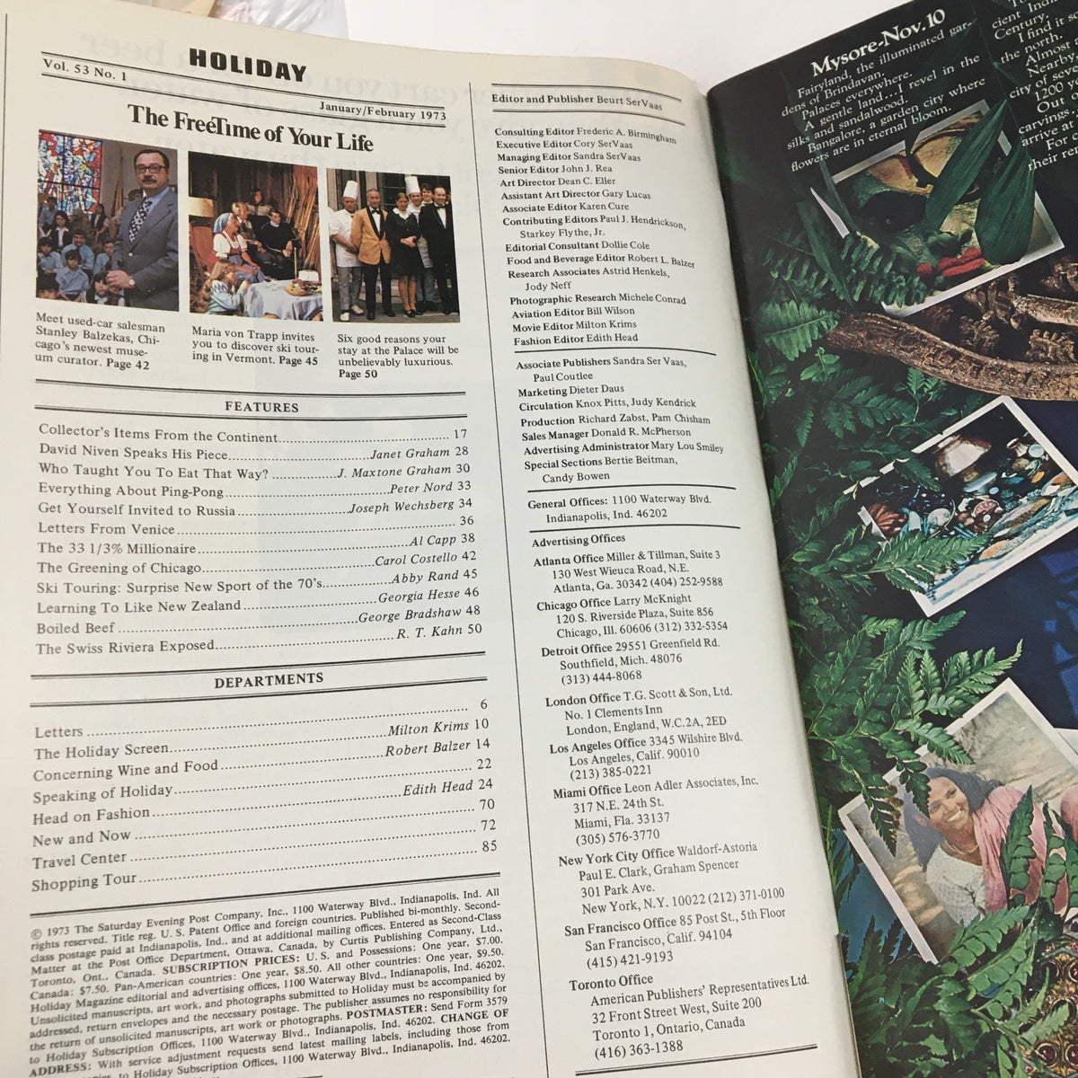 Interior page of Holiday Magazine January 1973 displaying the table of contents, highlighting featured articles including David Niven's insights and 'The Greening of Chicago', set against a backdrop of lush greenery.