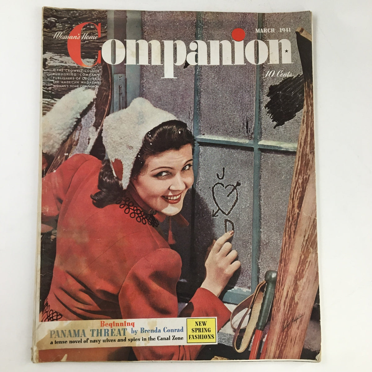 Cover of Woman's Home Companion March 1941 featuring the article 'Panama Threat' by Brenda Conrad and vintage fashion visuals.