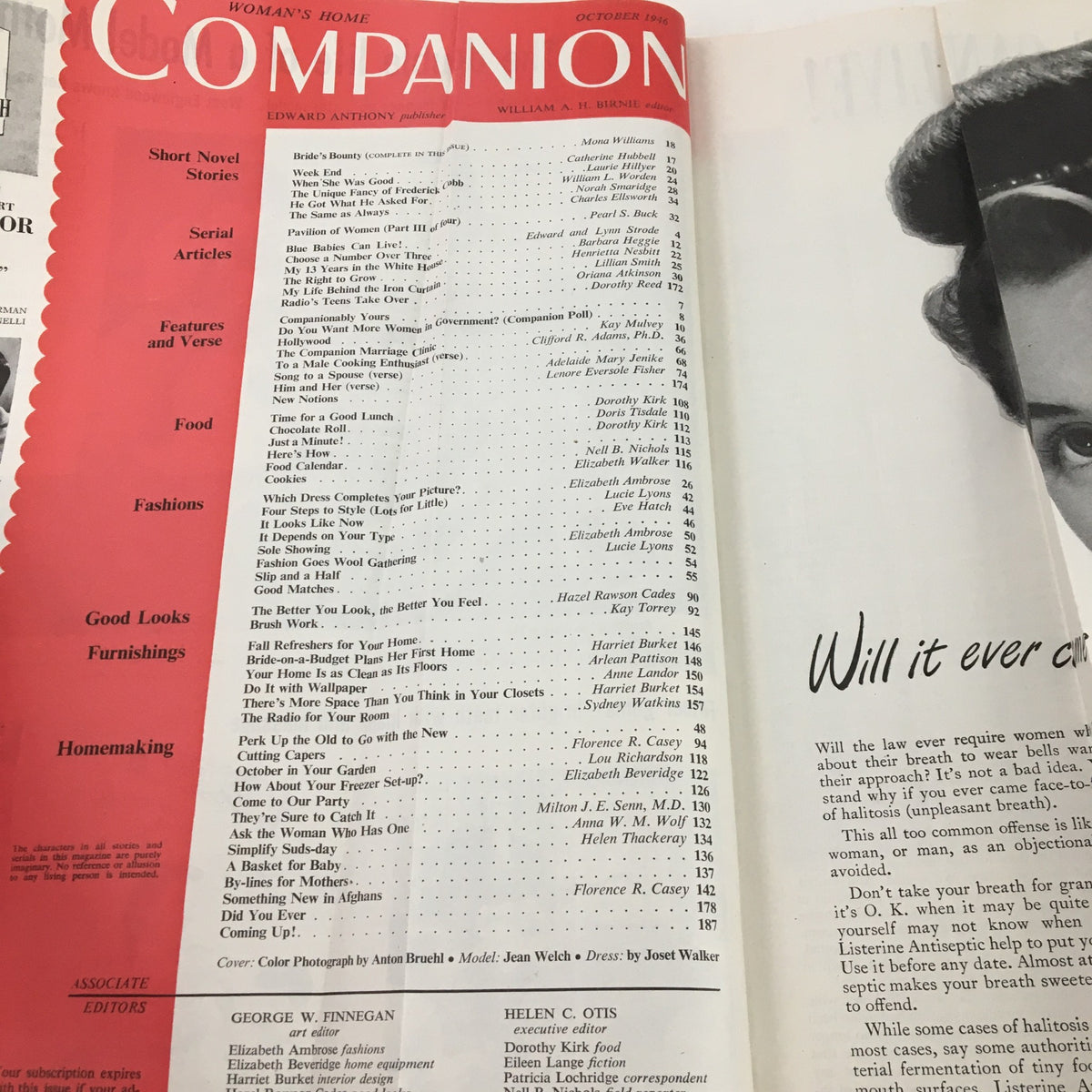 Cover page of Woman's Home Companion October 1946 featuring the table of contents and a vintage design reflective of the era, highlighting articles including 'My Life Behind The Iron Curtain'.