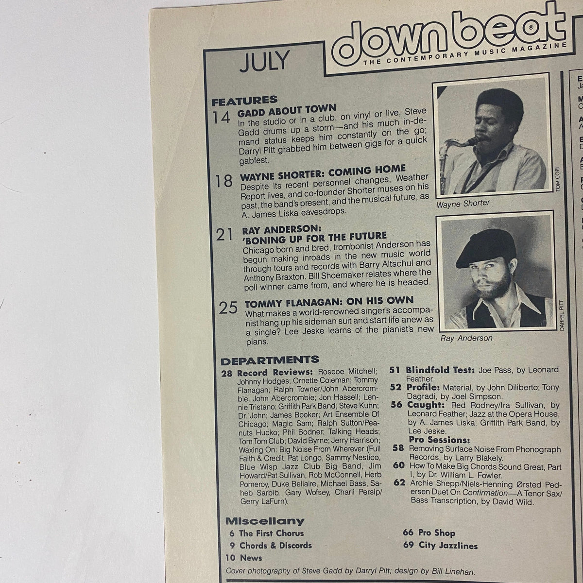 Down Beat Magazine July 1982 contents page showcasing features on Steve Gadd, Wayne Shorter, Ray Anderson, and Tommy Flanagan.