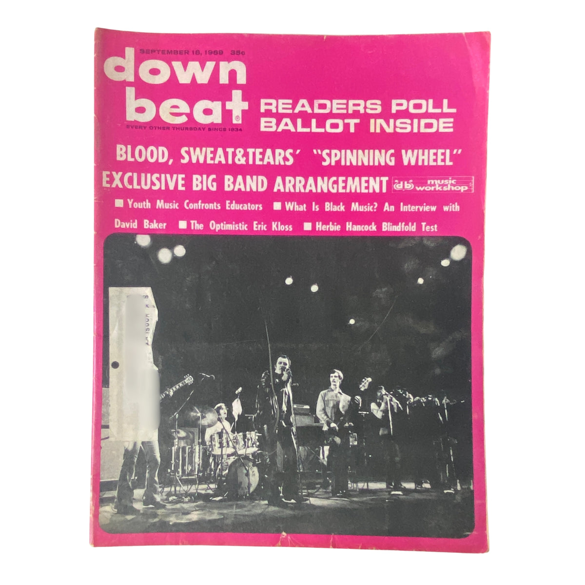 Cover of Down Beat Magazine September 18, 1969, Vol. 36, No. 19 featuring Blood, Sweat & Tears and their hit 'Spinning Wheel'. The magazine includes highlights on music education and cultural coverage.