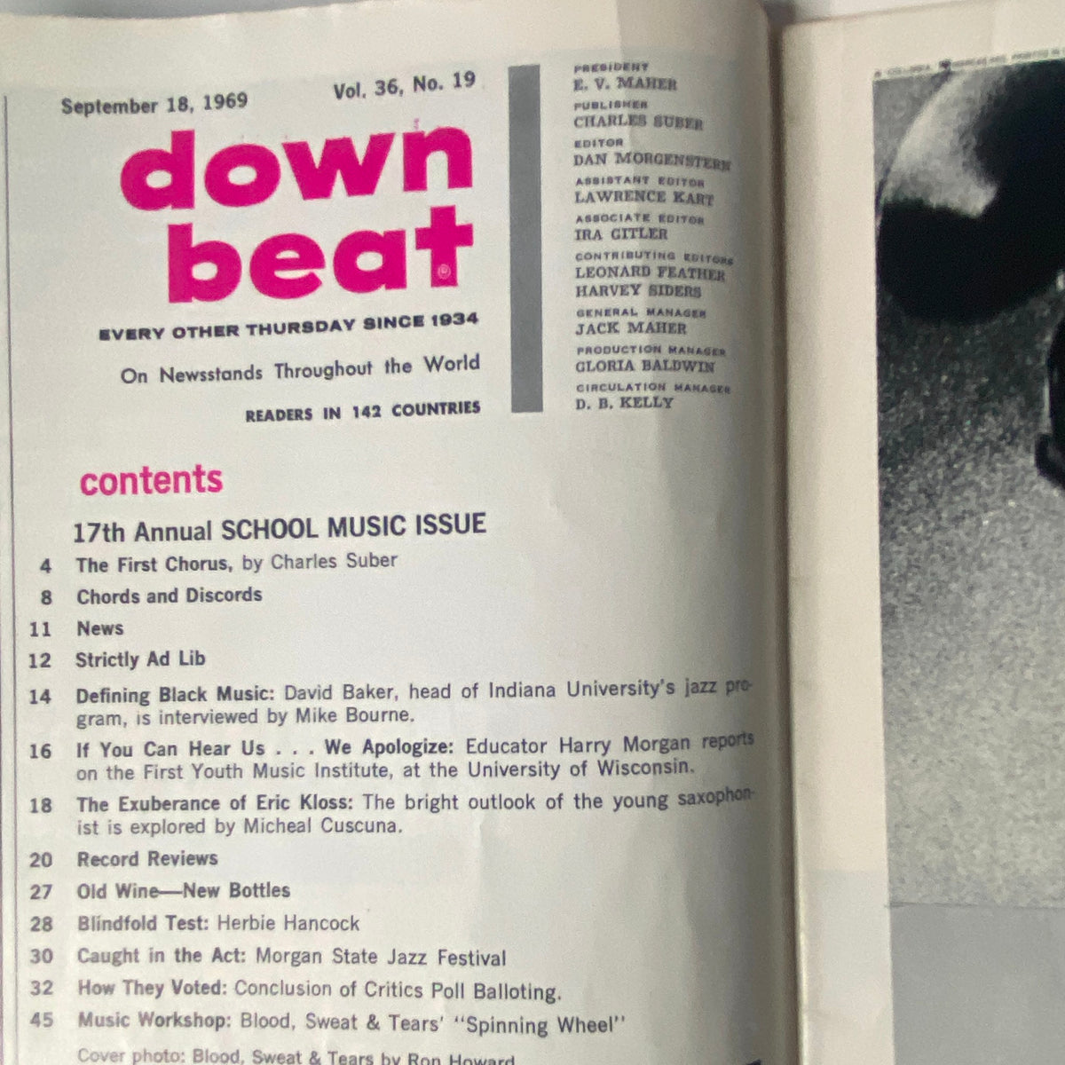 Table of Contents from Down Beat Magazine September 18, 1969, Vol. 36, No. 19, listing articles including 'Defining Black Music' and a profile on saxophonist Eric Kloss, as well as features on Blood, Sweat & Tears.