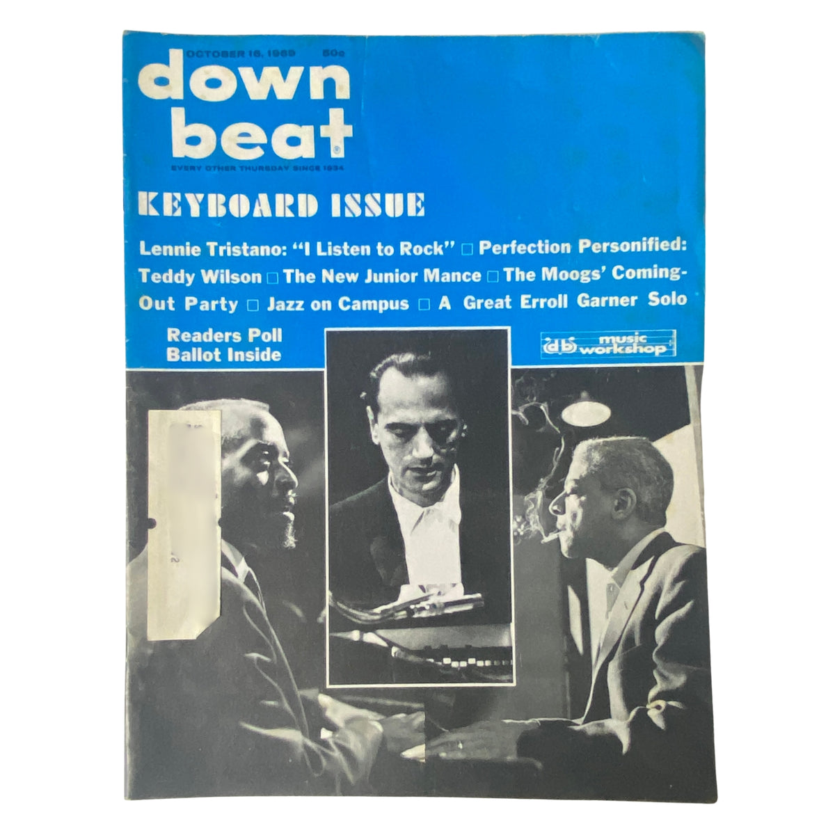 Cover of Down Beat Magazine, October 16, 1969, Vol. 36 No. 21 featuring Lennie Tristano and Teddy Wilson, highlighting jazz music insights and interviews, including a focus on Junior Mance and the first public Moog concert.
