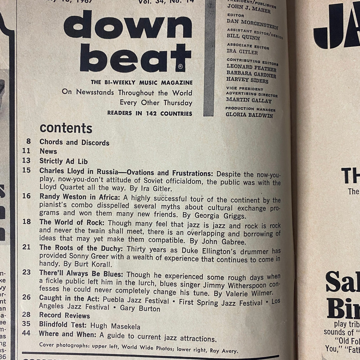 Table of contents from Down Beat Magazine, July 13, 1967, Vol. 34, No. 14, featuring articles on Charles Lloyd's Russian tour, Randy Weston in Africa, and the intersection of jazz and rock.