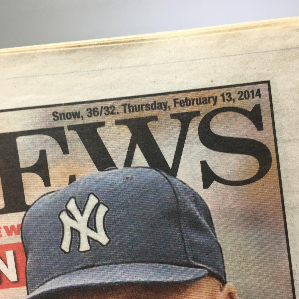 Front page of New York Daily News dated Feb 13, 2014, featuring weather report and headline 'There's Never Been A Yankee Who's Mattered More'.