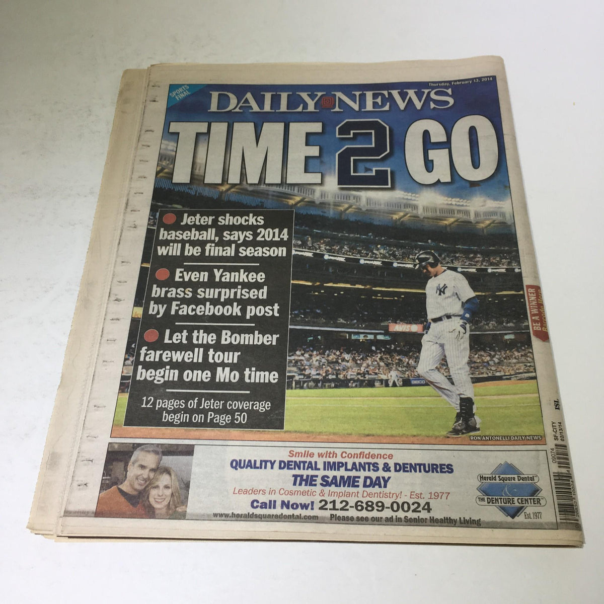 Front page of New York Daily News titled 'Time 2 Go', showcasing Derek Jeter with an announcement about the 2014 baseball season.