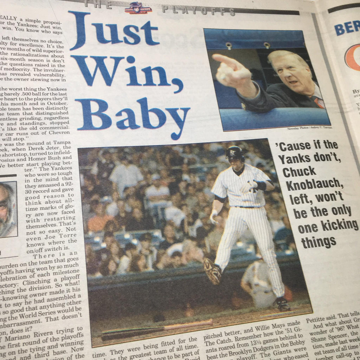 An excerpt from the Newsday newspaper article 'The Sky's the Limit,' featuring the headline 'Just Win, Baby,' discussing the New York Yankees and their playoff aspirations with an image of a player in action.