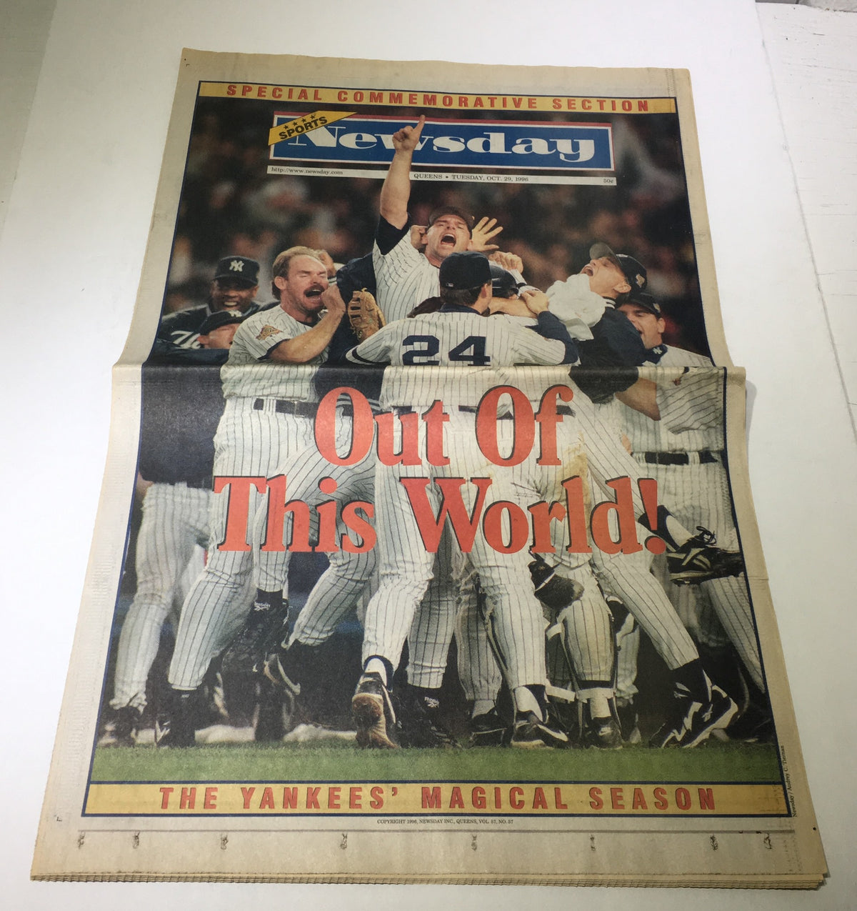 Newsday headline from October 29, 1996, celebrating 'Out of This World! The Yankees Magical Season' with jubilant players on the field.