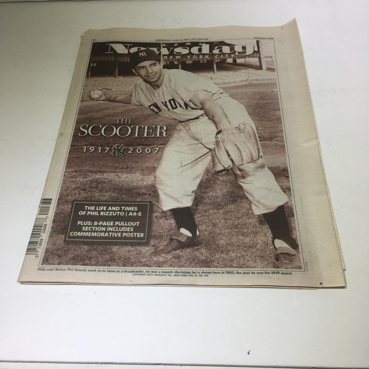 Cover of Newsday: Aug 15 2007 - The Scooter 1917 - 2007 featuring a historical image related to Phil Rizzuto, showcasing the iconic New York Yankees uniform.
