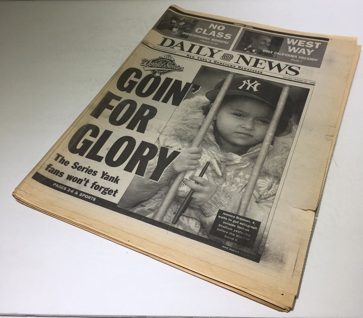 Full view of the New York Daily News newspaper dated October 27, 1996, titled 'Goin' For Glory,' featuring a prominent cover image and detailing the newspaper's nostalgic value.