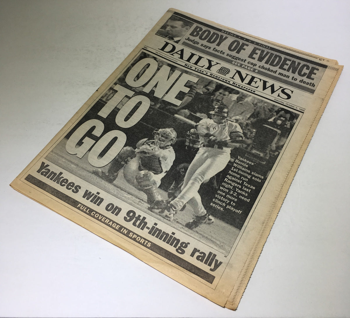 New York Daily News headline from October 5, 1996, featuring the article 'One To Go' about the Yankees' victory with a 9th-inning rally.
