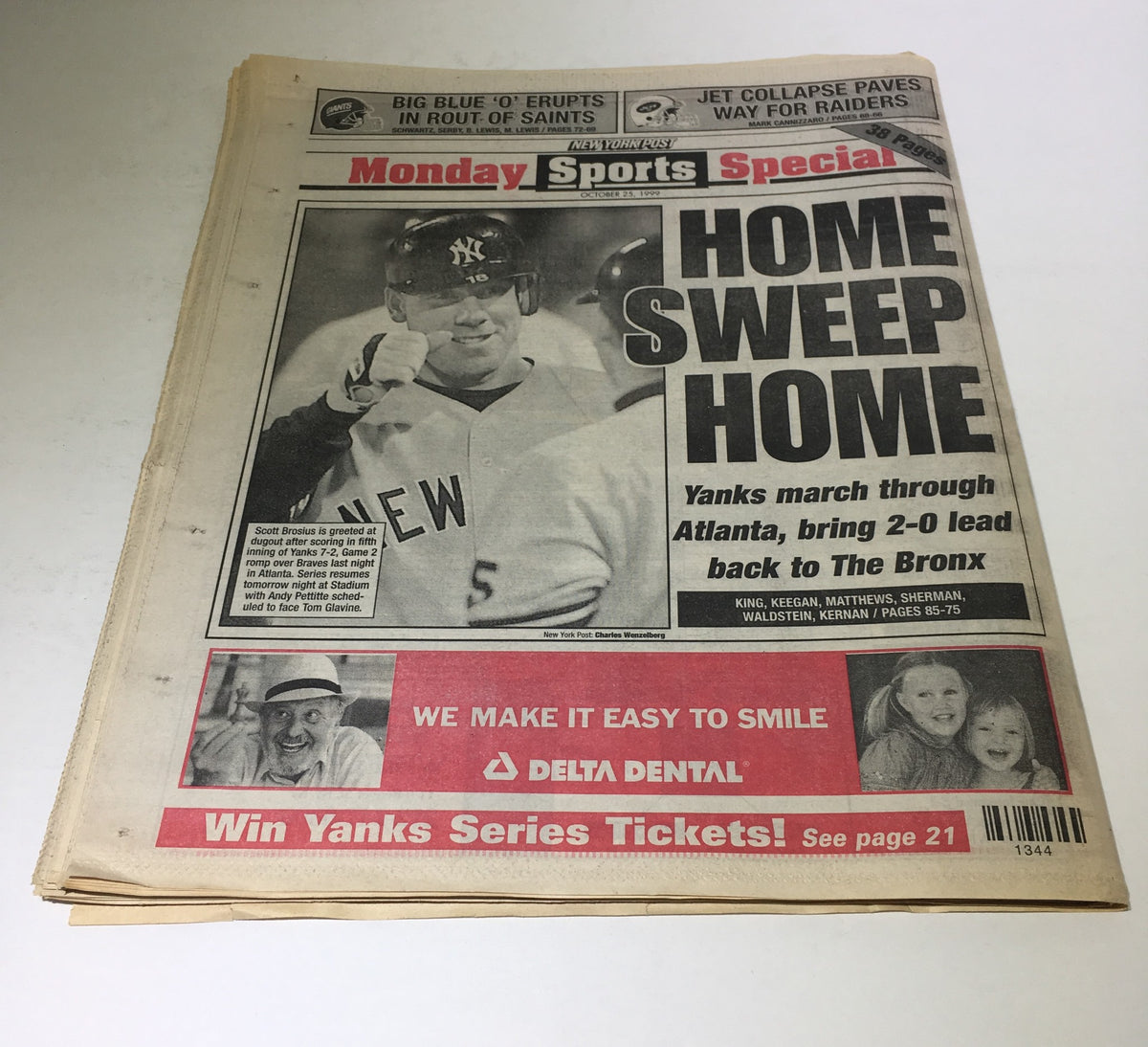 Front page of the NY Post from October 25, 1999, featuring the headline 'HOME SWEEP HOME' about the Yankees' performance, in line with 'NY Post: October 25 1999 Halfway Home 2 Down 2 To Go As Yanks Head Back To Bronx.'
