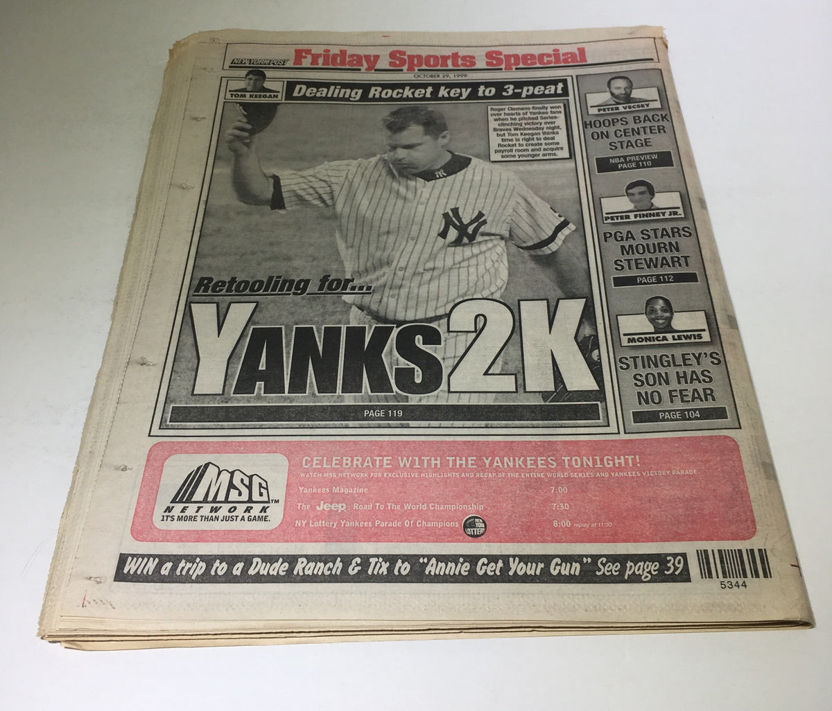 New York Post newspaper from October 29, 1999 featuring the headline 'Yanks2K' and covering the New York Yankees, celebrating their World Series victory with a special Friday Sports edition.