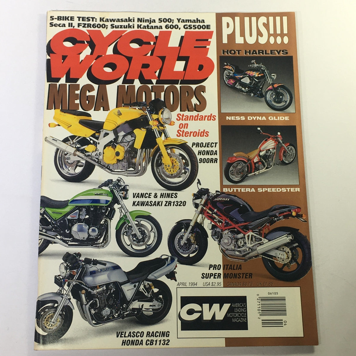 Cycle World Magazine April 1994 cover featuring Project Honda 900RR, Kawasaki ZR1320, and Velasco Racing Honda CB1132. This issue includes articles on various motorcycles and accessories, showcasing classic models and performance bikes from the early '90s.