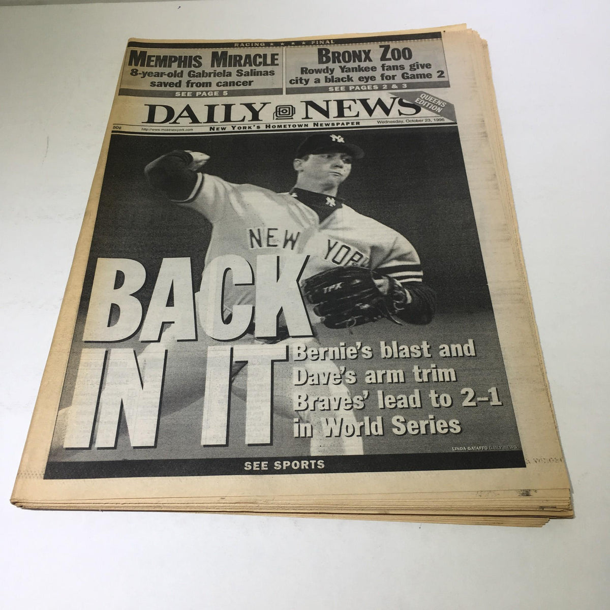 NY Daily News: 10/23/96 Bernie Blast & Dave's Arm Trim Brave's Lead 2 2-1 In WS