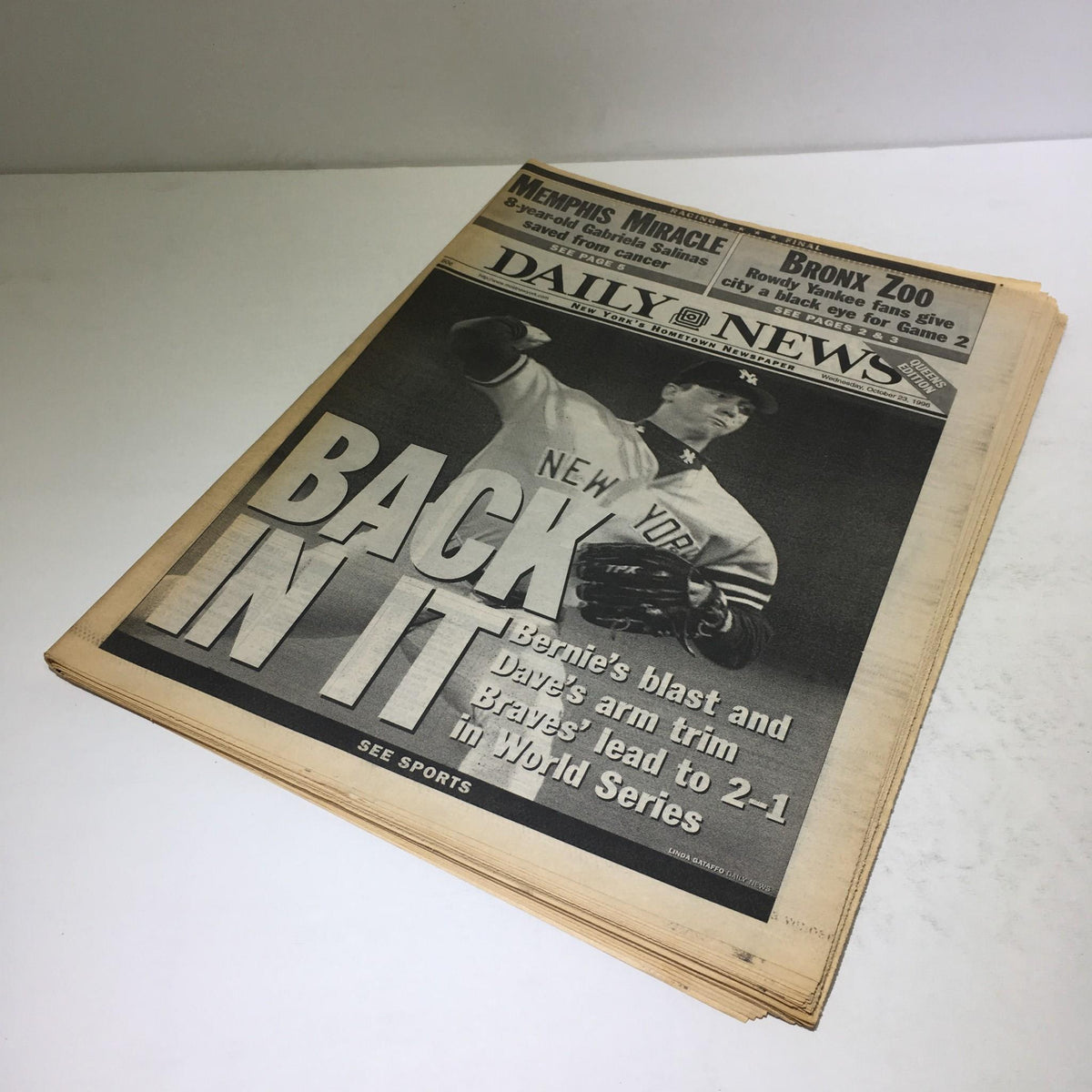 NY Daily News: 10/23/96 Bernie Blast & Dave's Arm Trim Brave's Lead 2 2-1 In WS