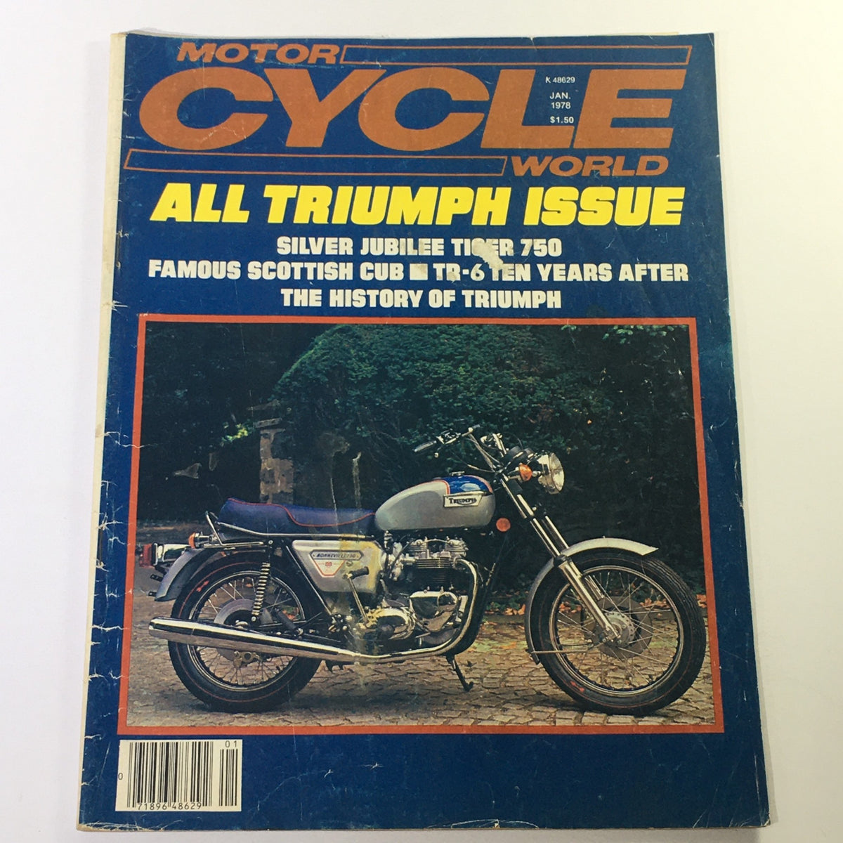 Cover of Motor Cycle World Magazine January 1978 featuring the Silver Jubilee Tiger 750, highlighting the all Triumph issue with a featured motorcycle image.