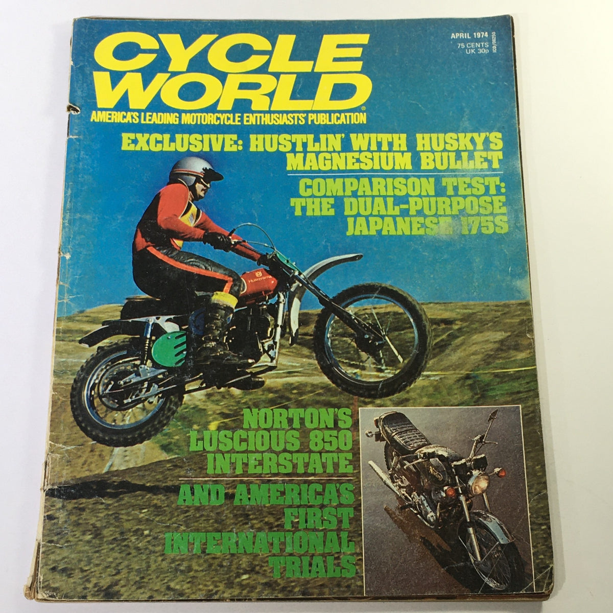 Cover of VTG Cycle World Magazine April 1974 featuring Norton Luscious 850 and Japanese 175S, showcasing motorcycle culture and technology of the 1970s.