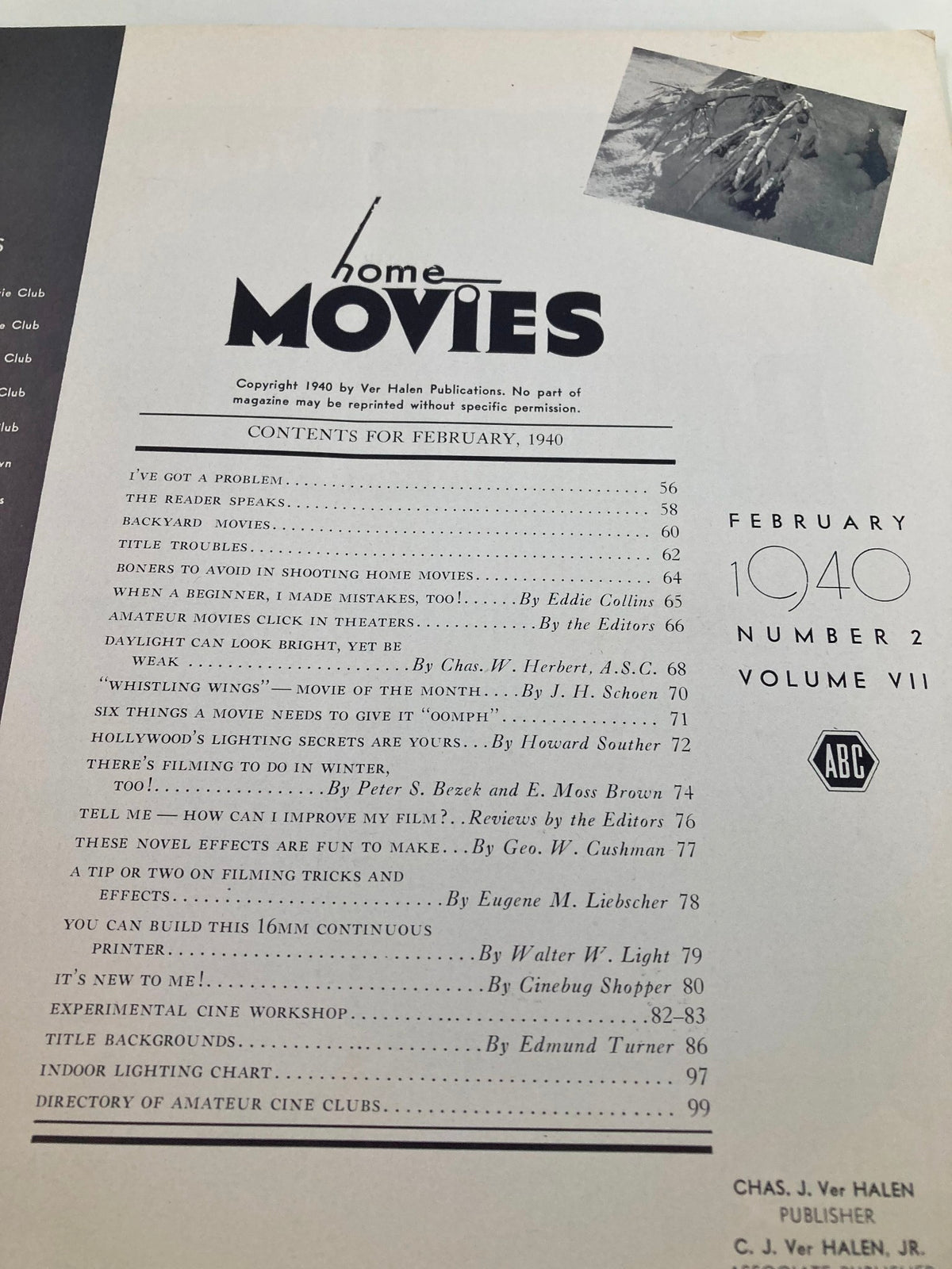 Inside page of the VTG Home Movies Magazine February 1940 showcasing the table of contents, highlighting various articles on home filmmaking and cinematography.