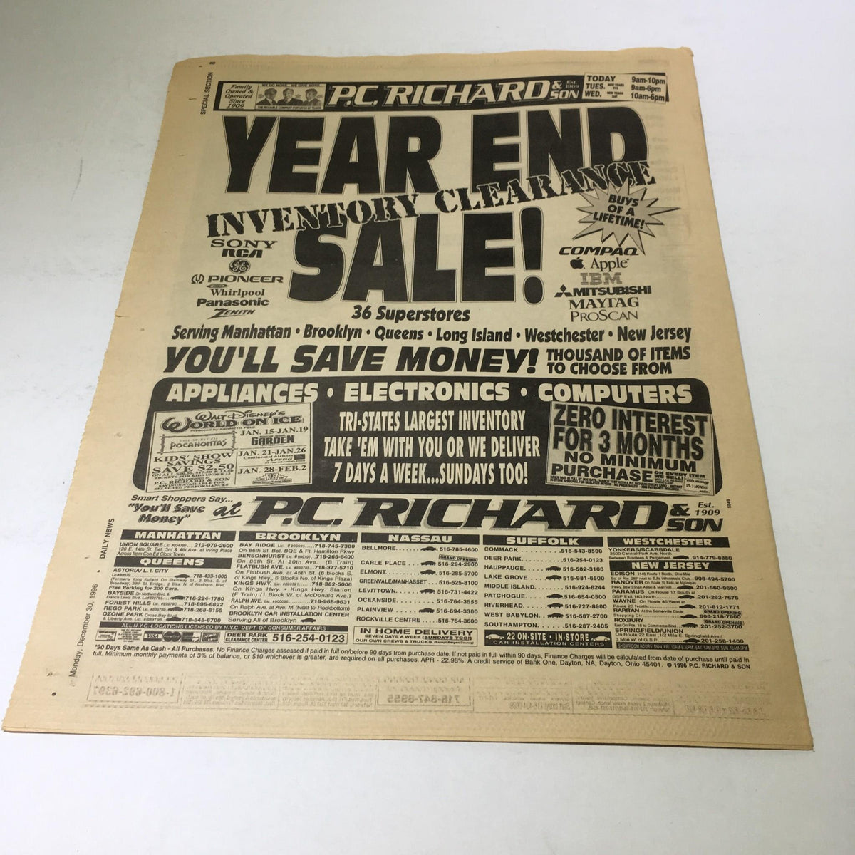 NY Daily News December 30, 1996, Year End Sale advertisement, showcasing a prominent sale event for P.C. Richard with featured brands like Sony and Apple, perfect for vintage magazine collectors.