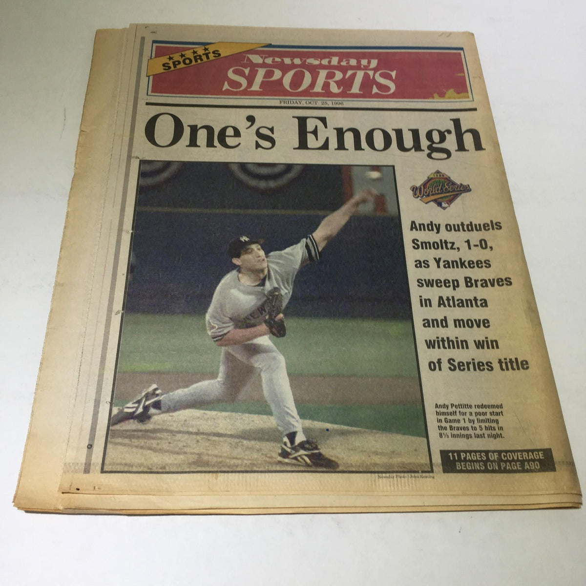 Newsday Sports cover from Oct 25, 1996 featuring the headline 'One's Enough' showcasing a baseball player pitching, celebrating the Yankees' success in the World Series.